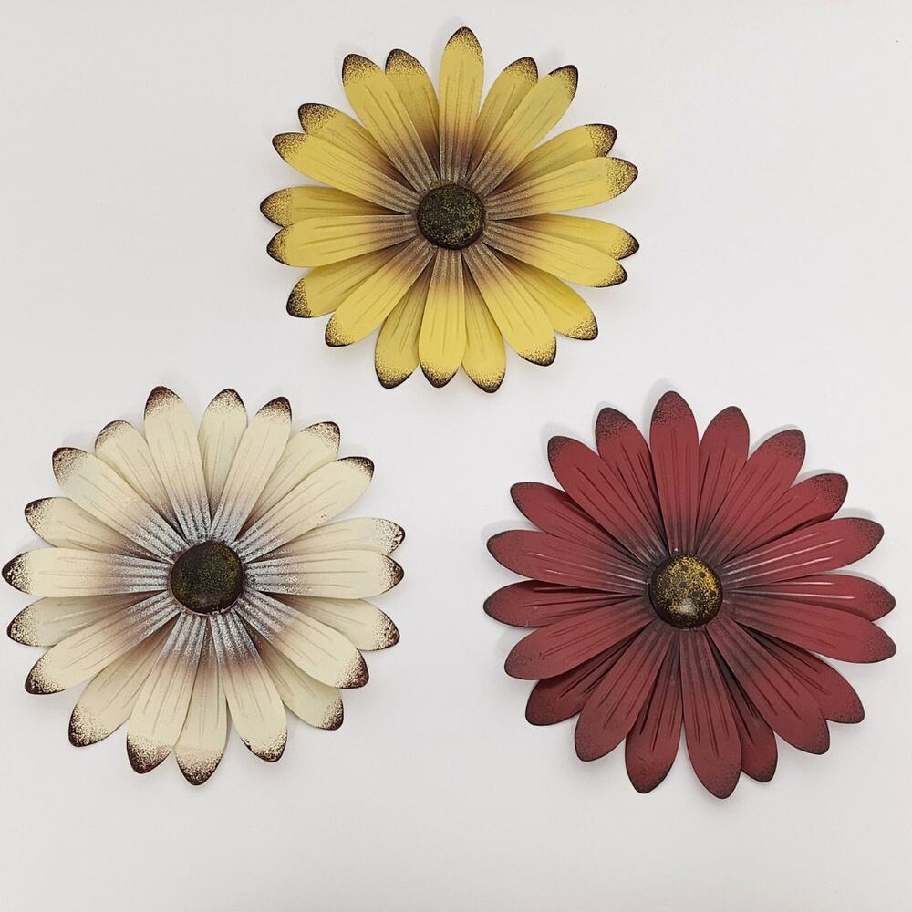 Set of 3 Metal Flower Wall Art - Whimsical Spring Decor in Cream, Red and Yellow